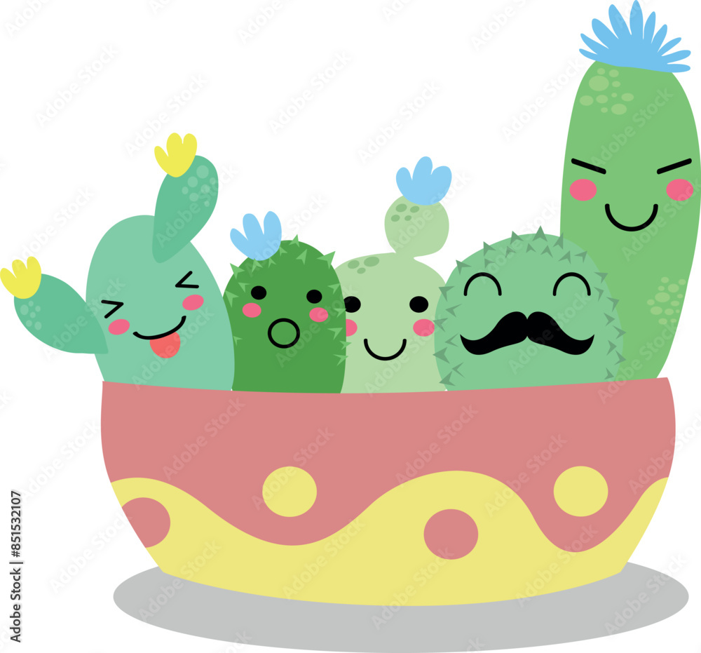 Obraz premium Flat isolated cute cacti. Cartoon cacti illustration vector.