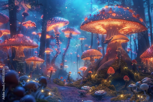 Magical forest with glowing mushrooms and fairy lights.