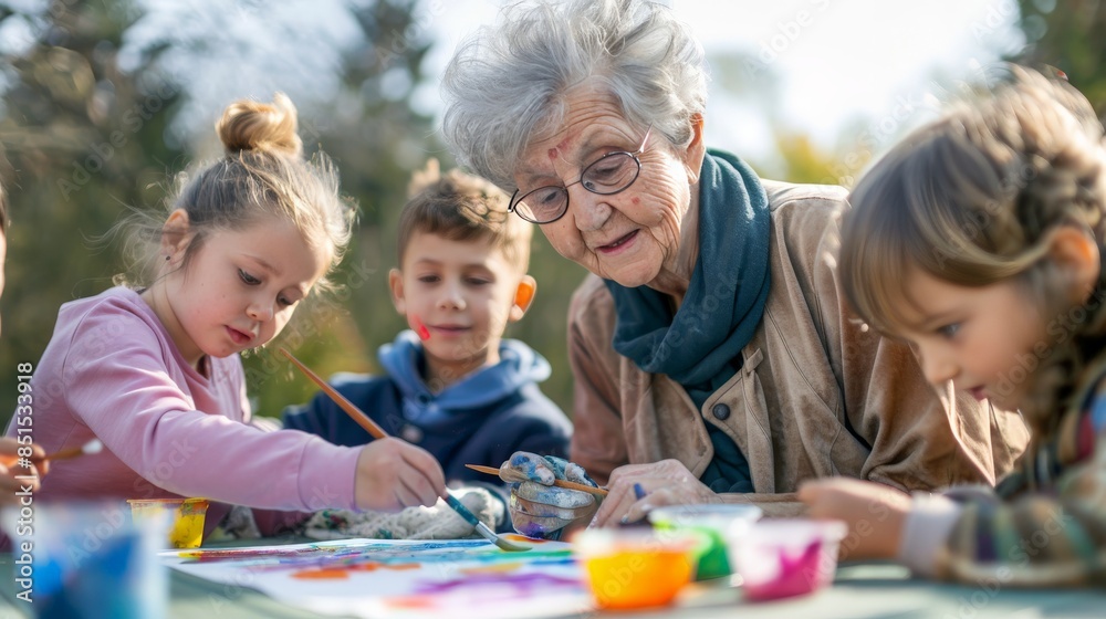 Elderly woman and a group of children painting watercolors outside on a sunny day Elderly woman and a group of children painting watercolors outside on a sunny day