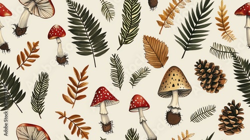 Create a seamless pattern with forest elements like mushrooms, ferns, and pinecones photo