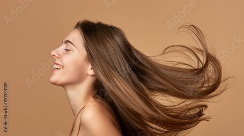 A woman with long hair is smiling and her hair is blowing in the wind