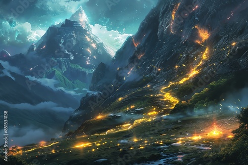 A mountain with mystical elements, glowing paths, and magical creatures