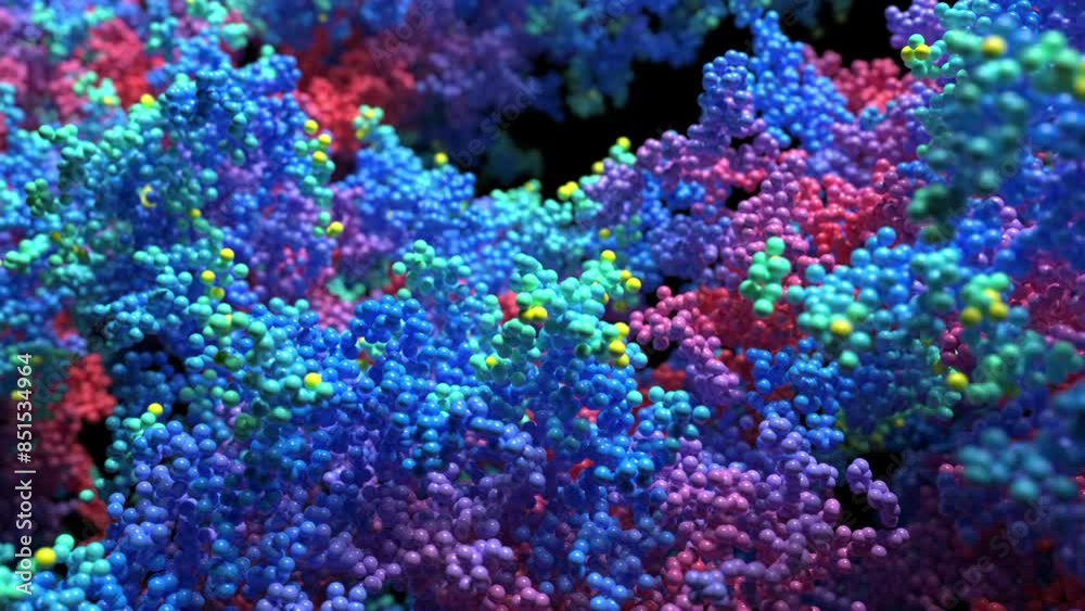 Growing molecules structure, colorful spheres grow from a surface forming a complicated shape. 