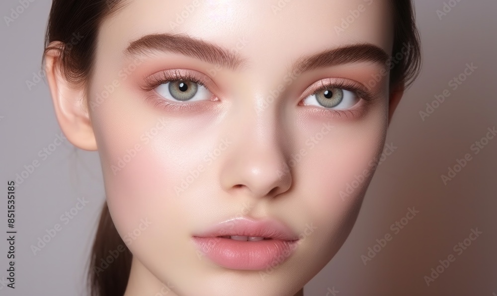 Close-up portrait of a woman with flawless skin and natural makeup, ideal for beauty, skincare, and cosmetic advertising. Close-up portrait of a woman with flawless skin and natural makeup, ideal for beauty, skincare, and cosmetic advertising.