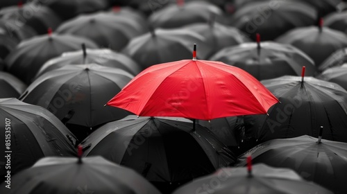 the bright red umbrella in the center is surrounded by various gray umbrellas. The contrast between the red and gray umbrella makes this image stand out