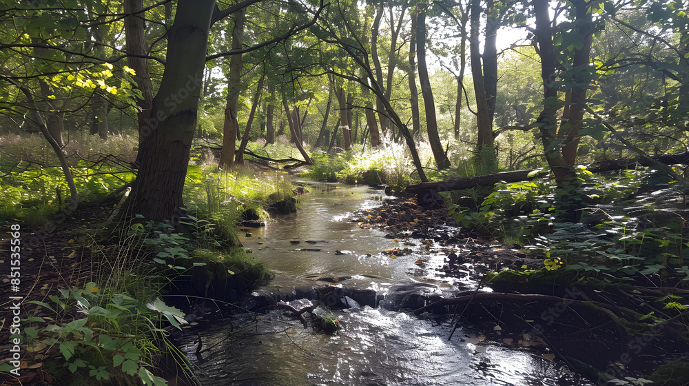 Obraz premium A quiet woodland with a gentle stream.