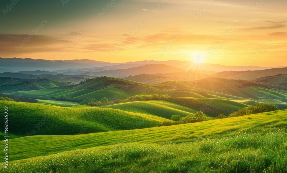 Fototapeta premium Landscape mountain with serene sunrise over the green hills