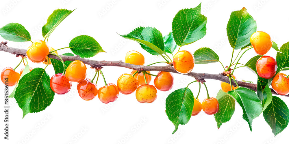 Obraz premium Close-up of ripe cherry on a tree branch. Vibrant fruits and green leaves convey freshness and healthy living