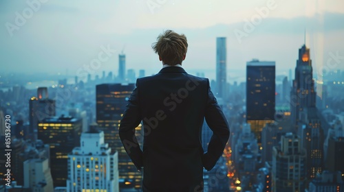 A man in a suit stands on a rooftop overlooking a city. He has his hands in his pockets and is looking out at the view.