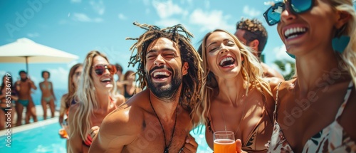 A group of people are enjoying a pool party, with one man wearing a necklace