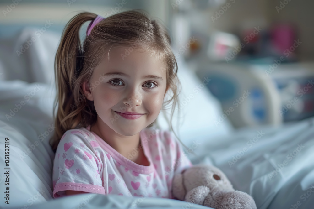 A little girl sits on a hospital bed with a gentle smile. The background of the hospital room is calm and clean, with pastel colors and minimal medical equipment. A little girl sits on a hospital bed with a gentle smile. The background of the hospital room is calm and clean, with pastel colors and minimal medical equipment.