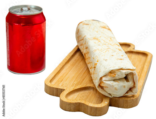 Shawarma Wrap with Soda Can on Wooden Board