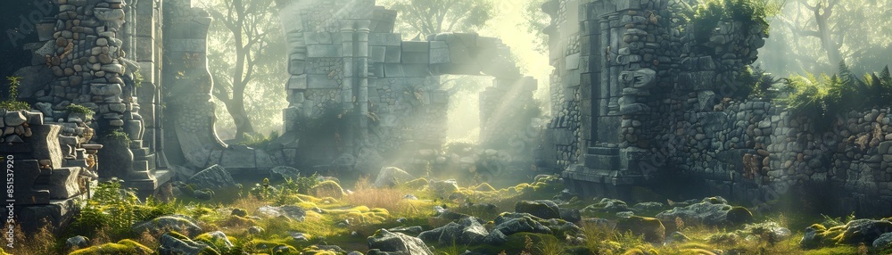 Mystical Overgrown Ancient Stone Ruins in Misty Jungle Backdrop for ...