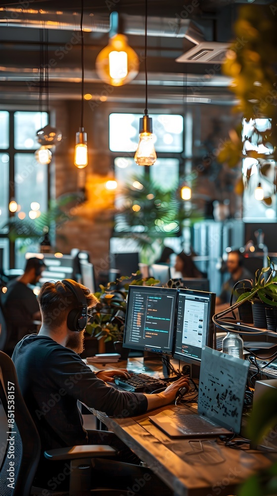 Obraz premium Creative Coding Workspace Collaborative Technology Networking in Digital Business Environment