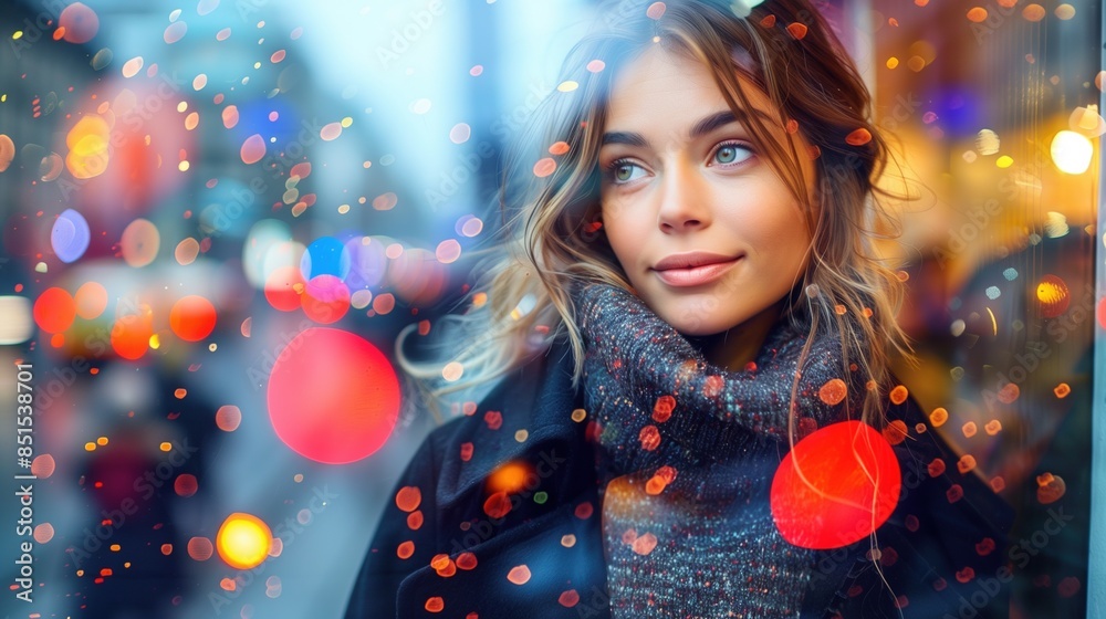 Smiling Young Woman with Bokeh Lights Reflected on Glass in Urban Evening Scene
Smiling Young Woman with Bokeh Lights Reflected on Glass in Urban Evening Scene