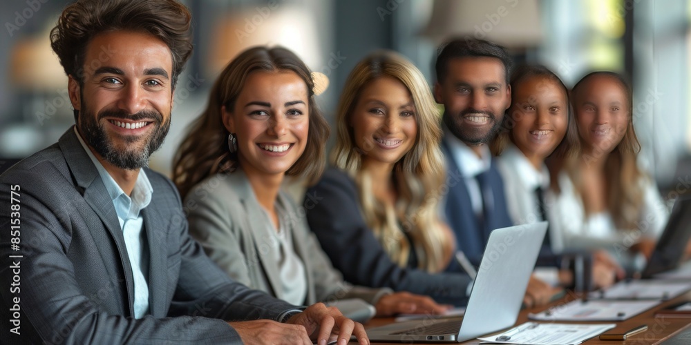 Diverse group of smiling business professionals sitting in a row with laptops and documents at a conference table Diverse group of smiling business professionals sitting in a row with laptops and documents at a conference table