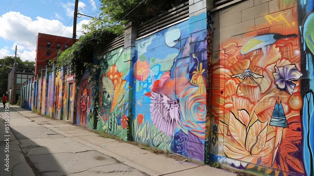 Fototapeta premium Inclusive graffiti project unites artists with disabilities and community, creating vibrant street art together.