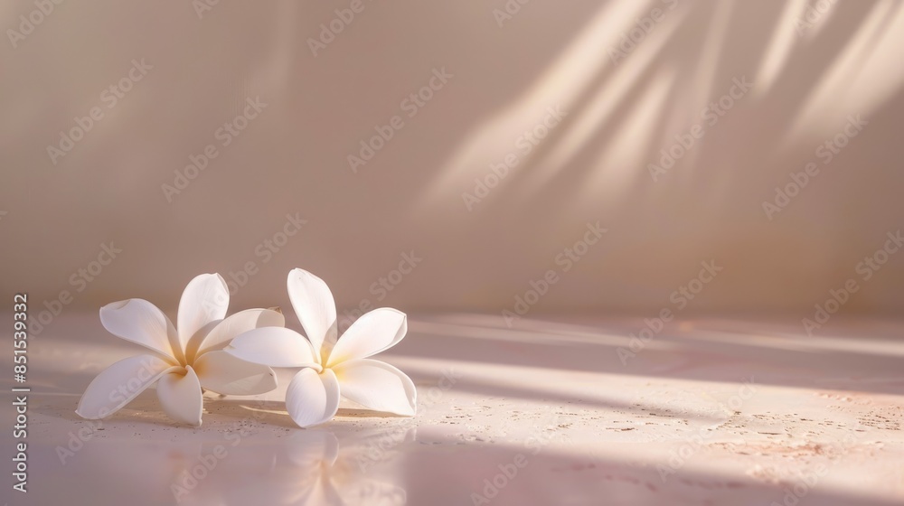 One to three white flowers placed on a pastel-colored floor, with ample space for text, creating a serene and elegant composition. One to three white flowers placed on a pastel-colored floor, with ample space for text, creating a serene and elegant composition.