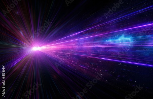 Laser beam of purple and blue colors shooting out from the center on black background