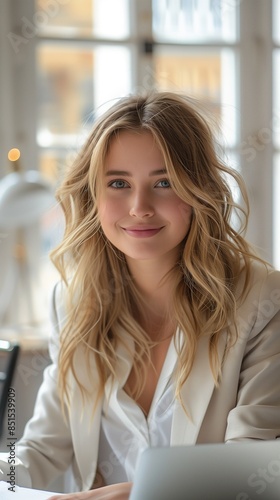 Free Download Smiling Businesswoman with Blonde Hair in Light Blazer Working on Laptop
 - GFXLoad