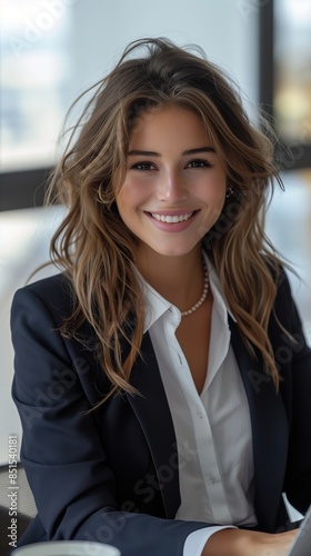 Free Download Smiling Businesswoman with Wavy Hair in Black Blazer Working on Laptop
 - GFXLoad
