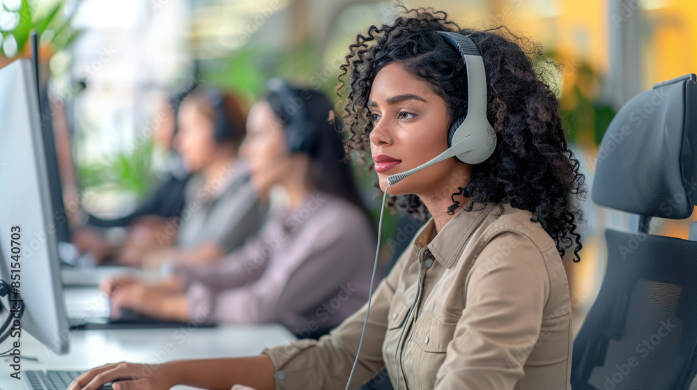 woman talking on phone with headset customer service woman talking on phone with headset customer service