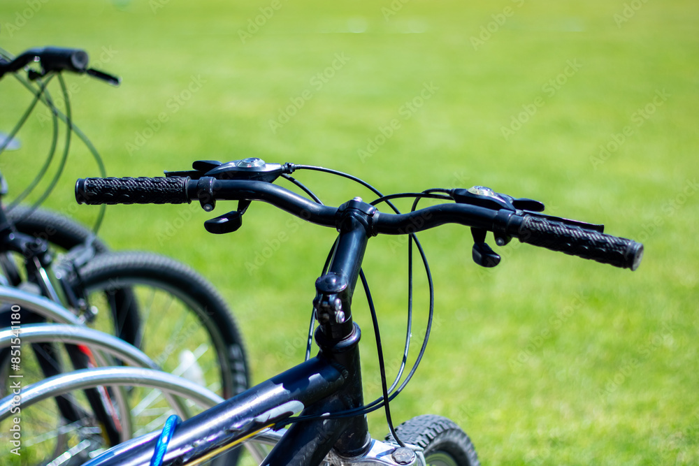 A line of bicycles is parked in a field with grass A line of bicycles is parked in a field with grass
