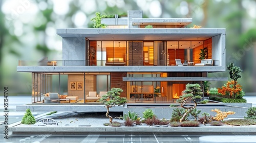 Craft a modern miniature section model of a residential building, featuring blueprint elevations and CAD details. Perfect as a wide banner with ample copy space for text.