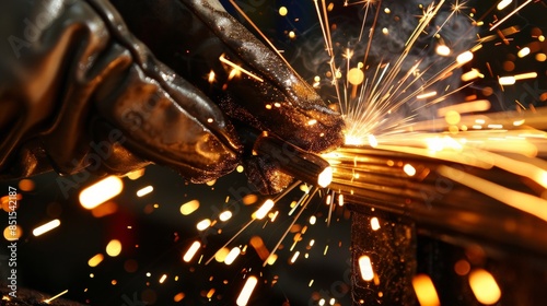 Close-up of metal being welded with sparks flying in a workshop showcasing skilled craftsmanship and precision.