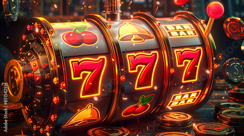 Slot machine with 777 jackpot, flying gold chips and coins. Online casino, gambling and winning concept. Online casino banner, copy space.