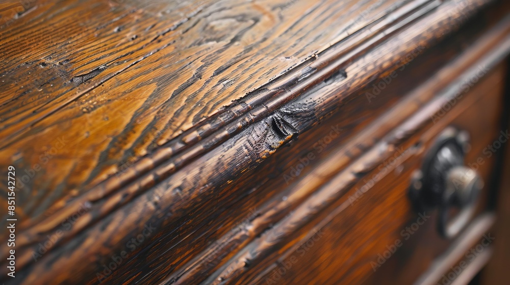 Fototapeta premium Close-up of rustic wooden furniture detail showcasing intricate texture and elegance of aged wood craftsmanship.