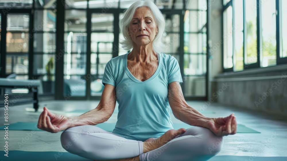 Elderly woman practicing yoga poses gently in a spacious fitness studio Elderly woman practicing yoga poses gently in a spacious fitness studio