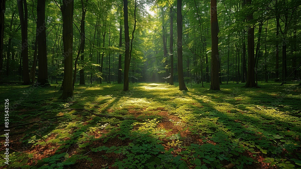 Fototapeta premium Sunlight filtering through dense foliage, casting intricate shadow patterns on the forest floor, evoking a sense of serenity and tranquility. Abstract Backgrounds Illustration, Minimalism,