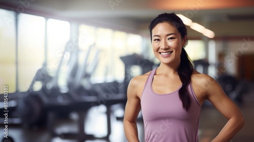 a photo of an Asian woman in sportswear standing in the gym. photo