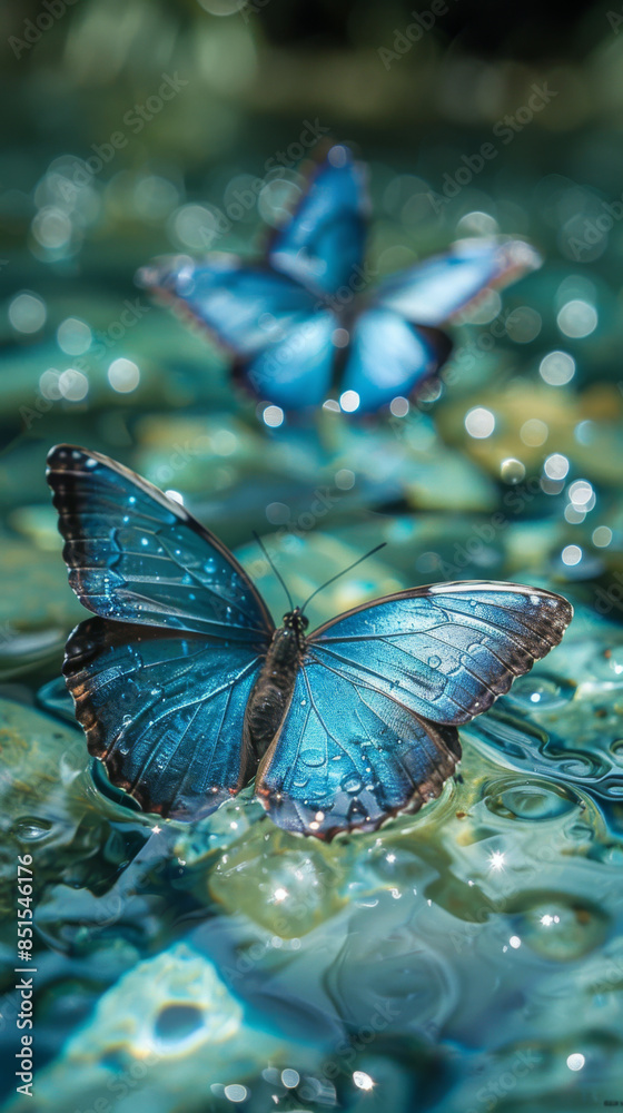 A blue swallowtail butterfly on a background of water, with a brilliant light A blue swallowtail butterfly on a background of water, with a brilliant light