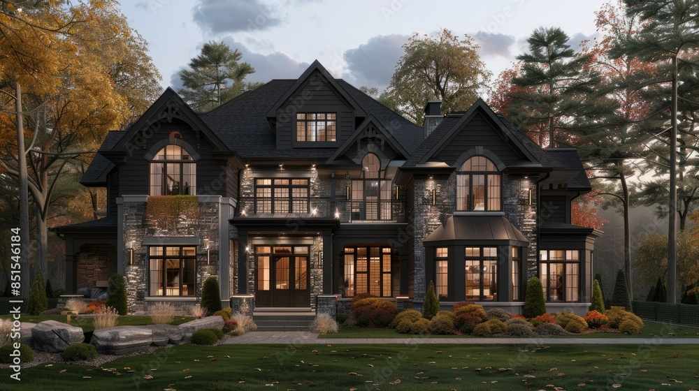 house with stone facade and black trim, located in the fall in an elegant area. The house is made in the Gothic style with a gable roof and decorative windows. It has a well-kept landscape. house with stone facade and black trim, located in the fall in an elegant area. The house is made in the Gothic style with a gable roof and decorative windows. It has a well-kept landscape.