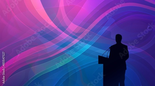 Organic flowing background with the silhouette of a speaker at a podium seen from behind for a modern artistic feel