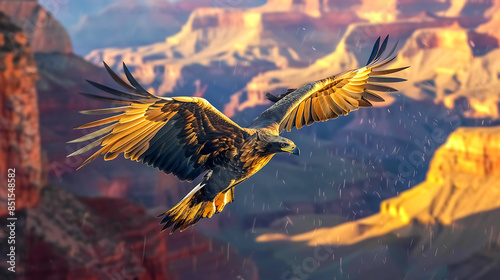 Majestic Golden Eagle Soaring Over Grand Canyon at Sunset with Stunning Rock Formations in Background © Stock Photo For You