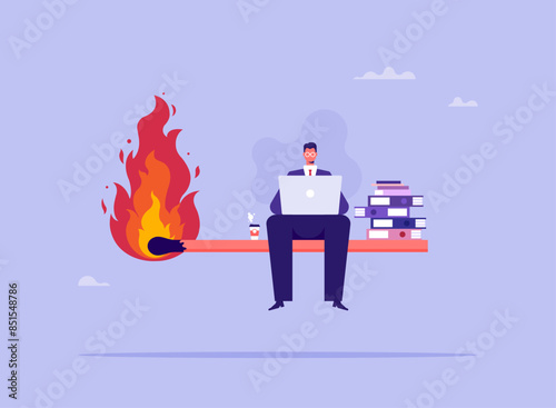 Deadlines are approaching or countdowns concept, businessmen sitting on burning matches, symbol of the deadline, finish the work on time