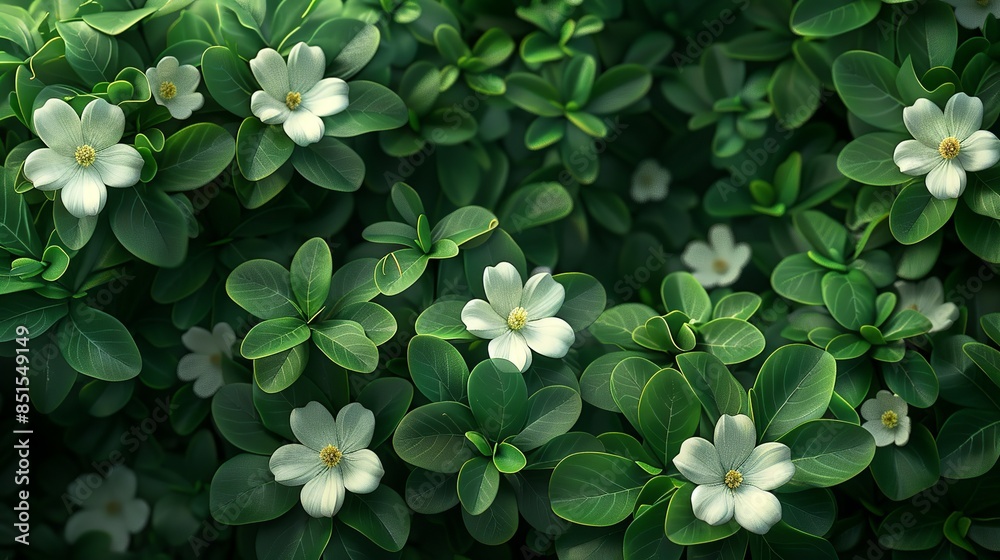 © DARIKA - A cluster of delicate white flowers blooming amidst a sea of green foliage, their pure beauty captivating the viewer's gaze. Abstract Backgrounds Illustration, Minimalism,