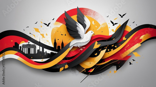 Wallpaper Mural Kreative Illustration des "Tag der Deutschen Einheit" mit Berliner Skyline, Friedenstaube und Nationalfarben der Deutschlandflagge im Hintergrund Torontodigital.ca