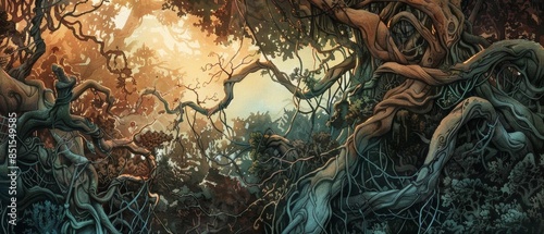 Design a close-up view of tangled vines in a fantasy forest