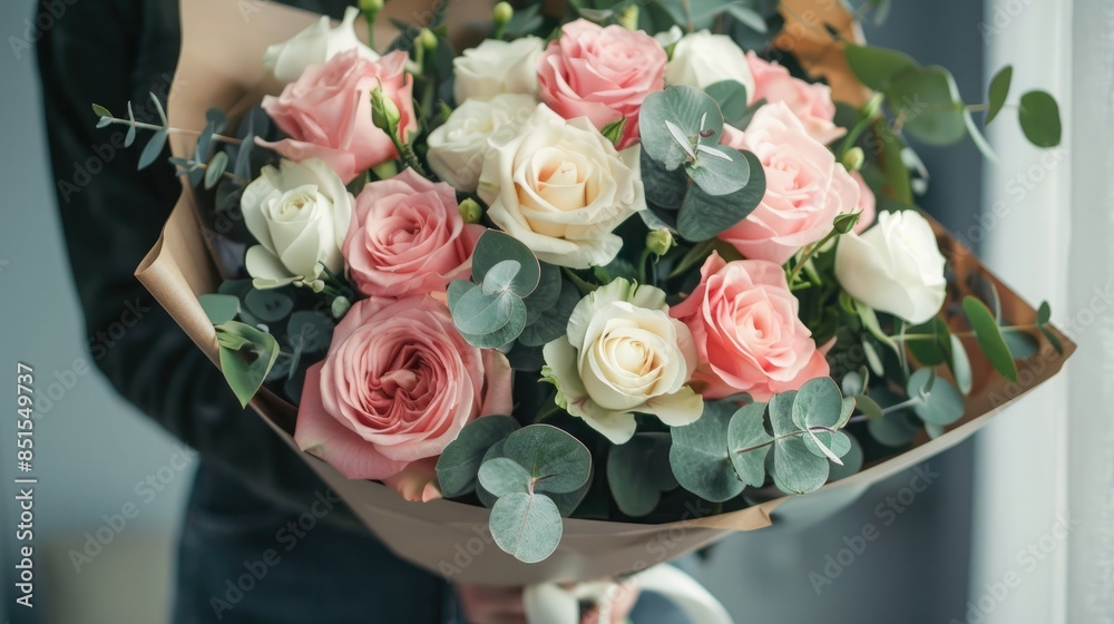 Obraz premium A bouquet of white and pink roses, eucalyptus flowers mixed with green leaves, wrapped in light gray paper, the girl holds this bouquet in her hands. The background color is neutral.