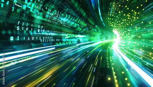 A vibrant background of light streaks in green and blue, representing fast digital data transfer