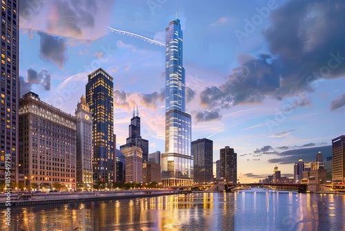 Design a panoramic view of a modern city skyline at dusk, emphasizing the glowing lights and architectural details with an economical approach, photo