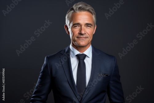 Portrait of a satisfied man in his 50s wearing a professional suit jacket on blank studio backdrop