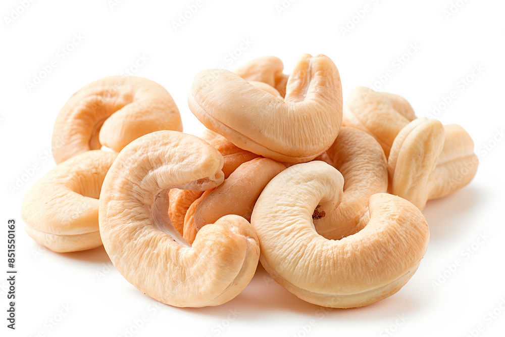 Close-up of shelled and unshelled Cashew nuts isolated on a white background, showcasing their texture