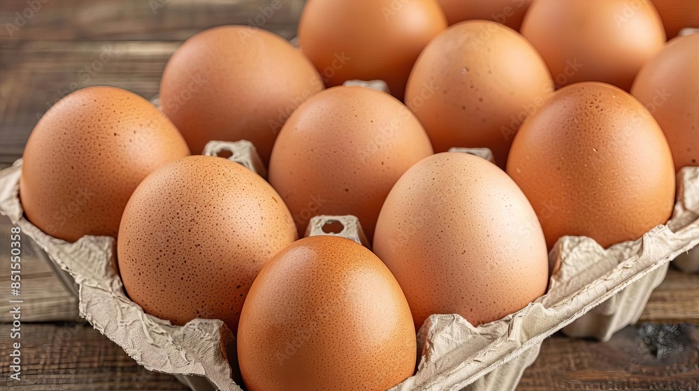 Detailed view of several brown eggs in a carton, Detailed view of several brown eggs in a carton,