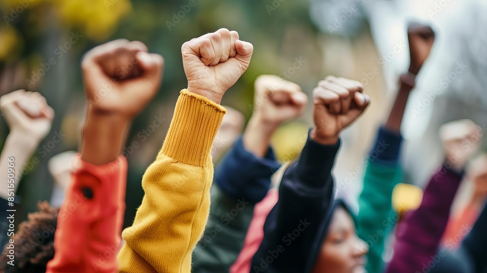 Diverse group raising fists in solidarity, Diverse group raising fists in solidarity,