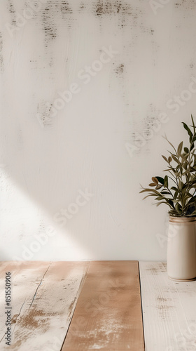 AI generated. Rustic wooden background with rustic white wall and a vase with olive branches.